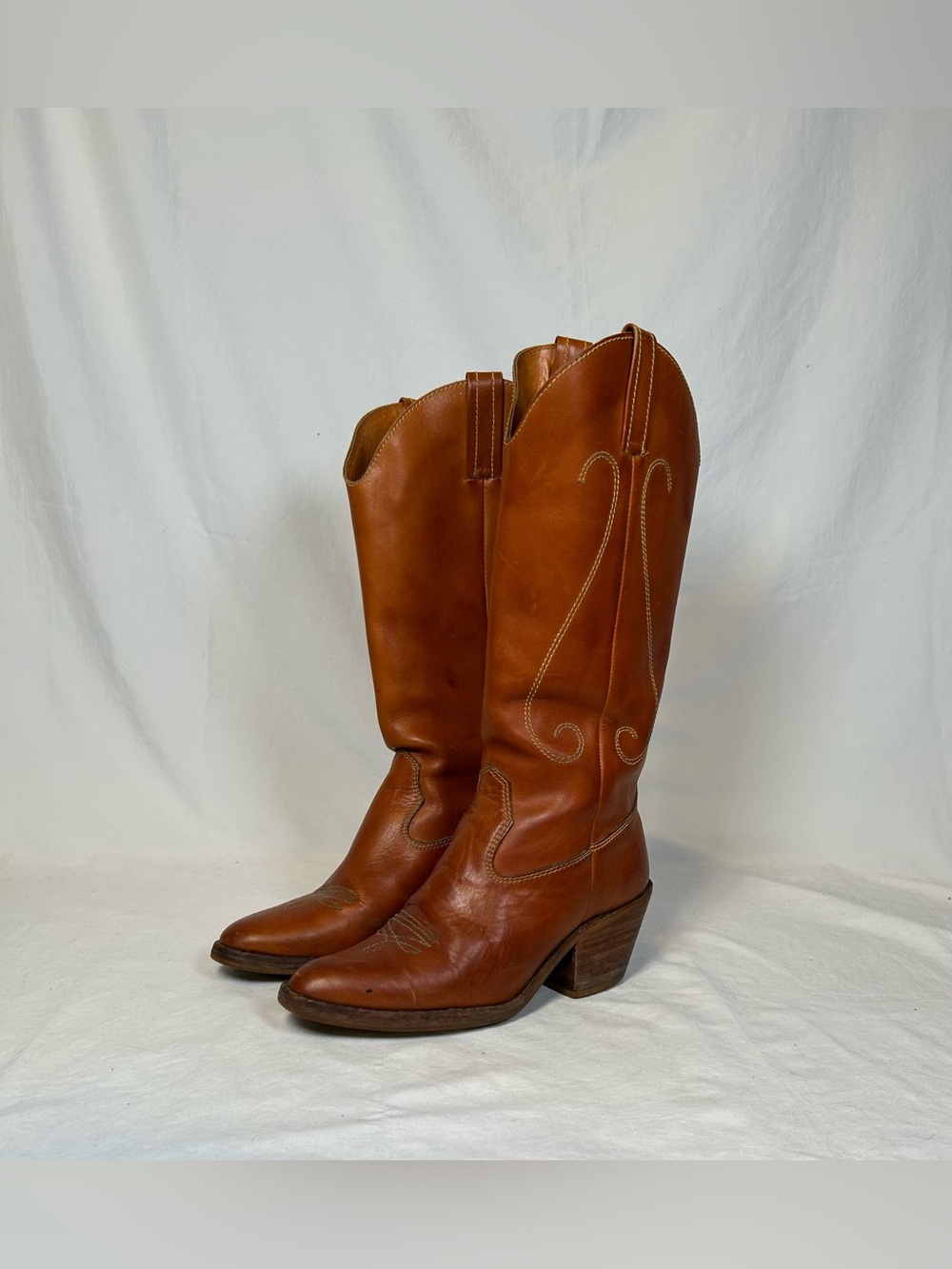 Vintage Nine West Cognac Leather Boho Campus Cowgirl Western Boots~7~Brazil